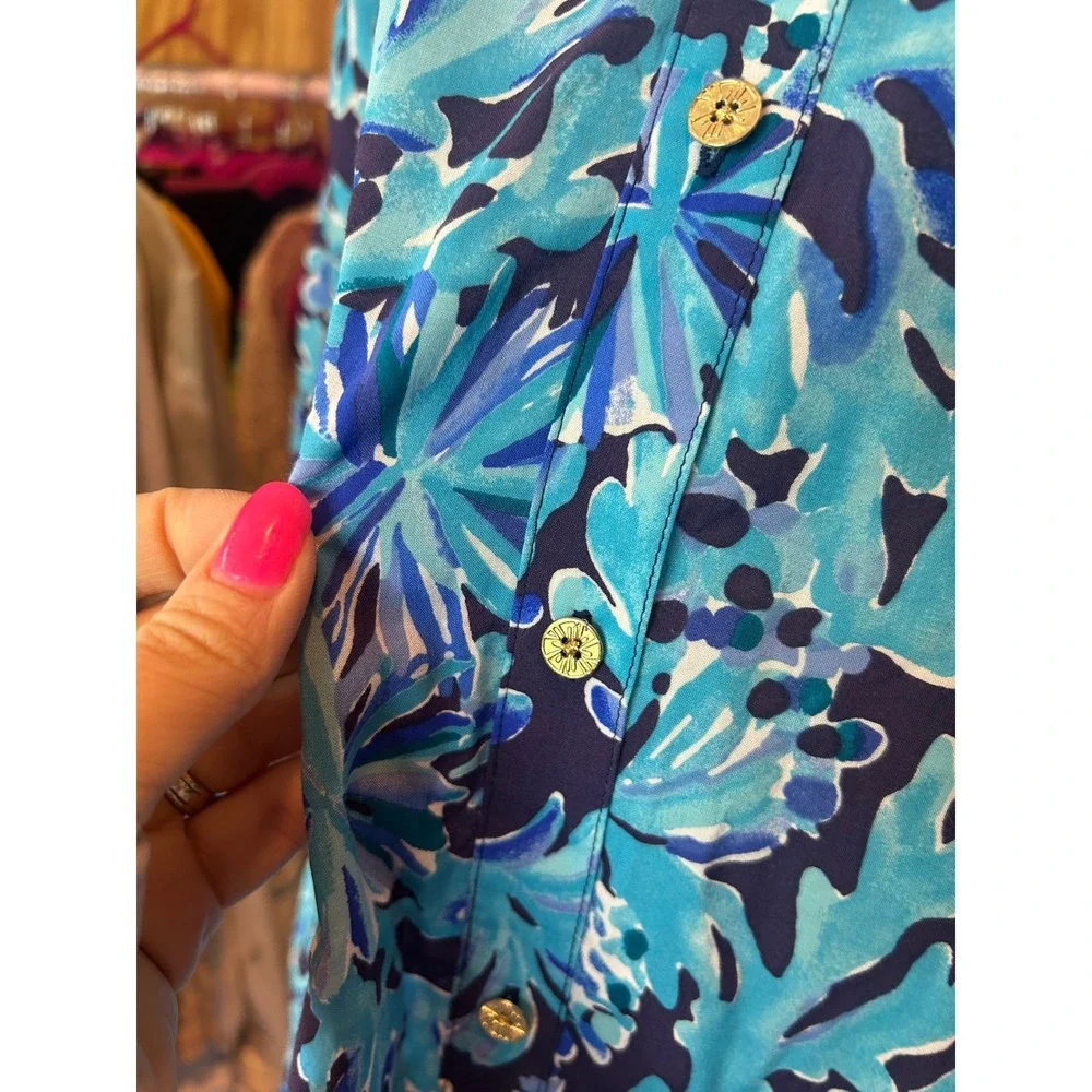 Lilly Pulitzer Blue‎ Floral Coral Print Rayon Button Down Shirt Dress XS Beach